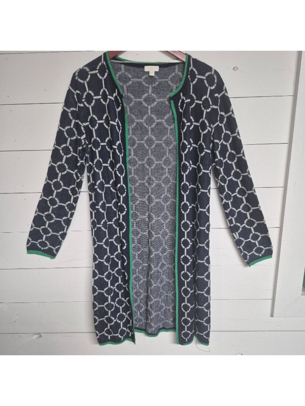 C by Bloomingdales Women's Navy & White Chain Pattern Open Front Cardigan